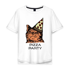 Мужская футболка хлопок Oversize с принтом PIZZA PARTY , 100% хлопок | свободный крой, круглый ворот, “спинка” длиннее передней части | Тематика изображения на принте: party | pizza | pizza party | time | арт | веселье | время | для детей | животные | картинка | кот | котик | котики | пицца | пиццы | рисунок | рыжий кот