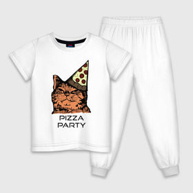 Детская пижама хлопок с принтом PIZZA PARTY , 100% хлопок |  брюки и футболка прямого кроя, без карманов, на брюках мягкая резинка на поясе и по низу штанин
 | Тематика изображения на принте: party | pizza | pizza party | time | арт | веселье | время | для детей | животные | картинка | кот | котик | котики | пицца | пиццы | рисунок | рыжий кот