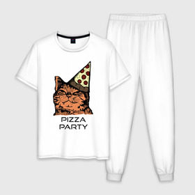 Мужская пижама хлопок с принтом PIZZA PARTY , 100% хлопок | брюки и футболка прямого кроя, без карманов, на брюках мягкая резинка на поясе и по низу штанин
 | Тематика изображения на принте: party | pizza | pizza party | time | арт | веселье | время | для детей | животные | картинка | кот | котик | котики | пицца | пиццы | рисунок | рыжий кот