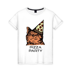 Женская футболка хлопок с принтом PIZZA PARTY , 100% хлопок | прямой крой, круглый вырез горловины, длина до линии бедер, слегка спущенное плечо | party | pizza | pizza party | time | арт | веселье | время | для детей | животные | картинка | кот | котик | котики | пицца | пиццы | рисунок | рыжий кот