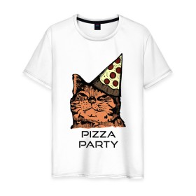 Мужская футболка хлопок с принтом PIZZA PARTY , 100% хлопок | прямой крой, круглый вырез горловины, длина до линии бедер, слегка спущенное плечо. | Тематика изображения на принте: party | pizza | pizza party | time | арт | веселье | время | для детей | животные | картинка | кот | котик | котики | пицца | пиццы | рисунок | рыжий кот