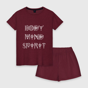 Женская пижама с шортиками хлопок с принтом Тело разум дух , 100% хлопок | футболка прямого кроя, шорты свободные с широкой мягкой резинкой | body | mind | spirit | дух | душа | здоровье | йога | просветление | психология | разум | сакральные символы | тело | триединство