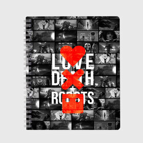 Тетрадь с принтом LOVE DEATH ROBOTS (LDR) , 100% бумага | 48 листов, плотность листов — 60 г/м2, плотность картонной обложки — 250 г/м2. Листы скреплены сбоку удобной пружинной спиралью. Уголки страниц и обложки скругленные. Цвет линий — светло-серый
 | Тематика изображения на принте: death | fantastic | future | ldr | love | love death and robots | love death robots | netflix | robots | sci fi | будущее | лдр | любовь | нетфликс | роботы | фантастика