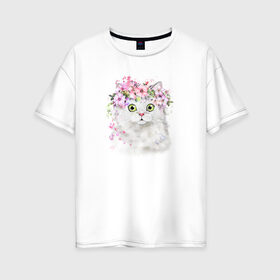Женская футболка хлопок Oversize с принтом Котик В Цветах , 100% хлопок | свободный крой, круглый ворот, спущенный рукав, длина до линии бедер
 | кот | котик | котик в цветах | рисунок | цветы