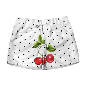 Женские шорты 3D с принтом Сочная вишня , 100% полиэстер | прямой крой, два кармана без застежек по бокам. Мягкая трикотажная резинка на поясе, внутри которой широкие завязки. Длина до середины бедра | вишня | горошек | красный | сочный | фрукт | черный | ягода