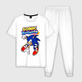 Мужская пижама хлопок с принтом Sonic , 100% хлопок | брюки и футболка прямого кроя, без карманов, на брюках мягкая резинка на поясе и по низу штанин
 | 90 е | old school | sega | sonic | еж | игра | олдскулл | сега | синий еж | соник