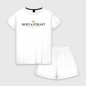 Женская пижама с шортиками хлопок с принтом MOET & STIRAET , 100% хлопок | футболка прямого кроя, шорты свободные с широкой мягкой резинкой | dolce  gabbana | marc  andre | moet  chandon | антибренд | бренд | брендовый | брэнд | знак | значок | ит | как | лого | логотип | моет | моет шандон | пародия | прикол | салон | салоновский | символ | стирает | фирменный