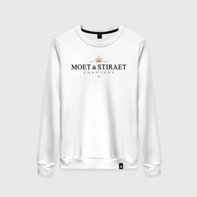 Женский свитшот хлопок с принтом MOET & STIRAET , 100% хлопок | прямой крой, круглый вырез, на манжетах и по низу широкая трикотажная резинка  | Тематика изображения на принте: dolce  gabbana | marc  andre | moet  chandon | антибренд | бренд | брендовый | брэнд | знак | значок | ит | как | лого | логотип | моет | моет шандон | пародия | прикол | салон | салоновский | символ | стирает | фирменный