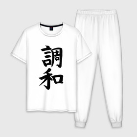 Мужская пижама хлопок с принтом Японский иероглиф Гармония , 100% хлопок | брюки и футболка прямого кроя, без карманов, на брюках мягкая резинка на поясе и по низу штанин
 | гармония | иероглиф | иероглифы | кандзи | надпись | язык | япония | японский | японский язык