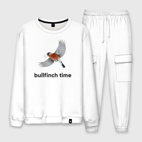 Мужской костюм хлопок с принтом Bullfinch time , 100% хлопок | на свитшоте круглая горловина, мягкая резинка по низу. Брюки заужены к низу, на них два вида карманов: два “обычных” по бокам и два объемных, с клапанами, расположенные ниже линии бедра. Брюки с мягкой трикотажной резинкой на поясе и по низу штанин. В поясе для дополнительного комфорта — широкие завязки | bird | bullfinch | wings | летать | полет | птица | снегирь