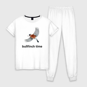 Женская пижама хлопок с принтом Bullfinch time , 100% хлопок | брюки и футболка прямого кроя, без карманов, на брюках мягкая резинка на поясе и по низу штанин | Тематика изображения на принте: bird | bullfinch | wings | летать | полет | птица | снегирь