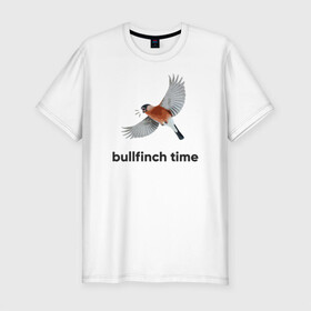 Мужская футболка хлопок Slim с принтом Bullfinch time , 92% хлопок, 8% лайкра | приталенный силуэт, круглый вырез ворота, длина до линии бедра, короткий рукав | Тематика изображения на принте: bird | bullfinch | wings | летать | полет | птица | снегирь