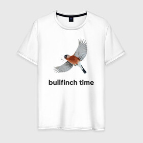 Мужская футболка хлопок с принтом Bullfinch time , 100% хлопок | прямой крой, круглый вырез горловины, длина до линии бедер, слегка спущенное плечо. | Тематика изображения на принте: bird | bullfinch | wings | летать | полет | птица | снегирь