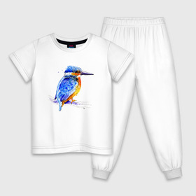 Детская пижама хлопок с принтом Kingfisher , 100% хлопок |  брюки и футболка прямого кроя, без карманов, на брюках мягкая резинка на поясе и по низу штанин
 | акварель | графика | зимородок | крутой | модный | принт | птица | птичка | рисунок | рыбак | рыболов | скетч | стильный | яркий