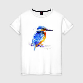 Женская футболка хлопок с принтом Kingfisher , 100% хлопок | прямой крой, круглый вырез горловины, длина до линии бедер, слегка спущенное плечо | акварель | графика | зимородок | крутой | модный | принт | птица | птичка | рисунок | рыбак | рыболов | скетч | стильный | яркий