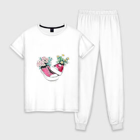 Женская пижама хлопок с принтом Кеды , 100% хлопок | брюки и футболка прямого кроя, без карманов, на брюках мягкая резинка на поясе и по низу штанин | аромат | букет | весна | кеды | кросовки | кроссовки | лето | обувь | прикольные кеды | розовый | цветы