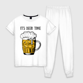 Женская пижама хлопок с принтом Its beer time , 100% хлопок | брюки и футболка прямого кроя, без карманов, на брюках мягкая резинка на поясе и по низу штанин | beer | beer time | its beer time | надпись