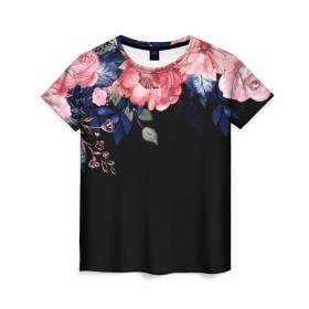 Женская футболка 3D с принтом цветы на черном , 100% полиэфир ( синтетическое хлопкоподобное полотно) | прямой крой, круглый вырез горловины, длина до линии бедер | 3d | big picture | красиво | прикольные картинки | цветы