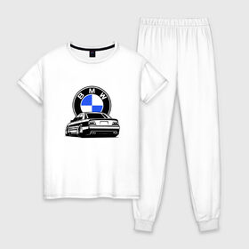 Женская пижама хлопок с принтом BMW (JDM) , 100% хлопок | брюки и футболка прямого кроя, без карманов, на брюках мягкая резинка на поясе и по низу штанин | bmw | bmw performance | m | motorsport | performance | бмв | бэха | моторспорт