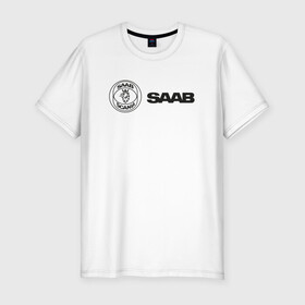 Мужская футболка хлопок Slim с принтом Saab Black Logo , 92% хлопок, 8% лайкра | приталенный силуэт, круглый вырез ворота, длина до линии бедра, короткий рукав | Тематика изображения на принте: auto | saab | scania | авто | автомобиль | ам | машина | сааб