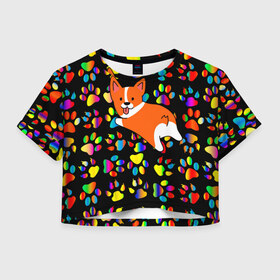 Женская футболка Crop-top 3D с принтом Корги | Цветные лапки , 100% полиэстер | круглая горловина, длина футболки до линии талии, рукава с отворотами | corgi | dog | korgi | корги | лапки | лапы | милая | пёс | псы | радуга | собака | собачка | собачки | цвета | цветная | яркая