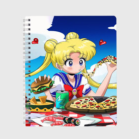 Тетрадь с принтом Пицца Мун , 100% бумага | 48 листов, плотность листов — 60 г/м2, плотность картонной обложки — 250 г/м2. Листы скреплены сбоку удобной пружинной спиралью. Уголки страниц и обложки скругленные. Цвет линий — светло-серый
 | Тематика изображения на принте: anime | food | japan | manga | pizza | sailor moon | аниме | девочка | девушка | еда | лунная призма | манга | пицца | сейлор мун | сэйлор мун | япония