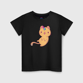 Детская футболка хлопок с принтом Котик - Единорожик , 100% хлопок | круглый вырез горловины, полуприлегающий силуэт, длина до линии бедер | Тематика изображения на принте: cat | happy | unicorn | единорог | единорожка | киса | кот | котенок | котэ | котя | кошак | кошка | милый | рыжий | хороший