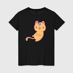 Женская футболка хлопок с принтом Котик - Единорожик , 100% хлопок | прямой крой, круглый вырез горловины, длина до линии бедер, слегка спущенное плечо | cat | happy | unicorn | единорог | единорожка | киса | кот | котенок | котэ | котя | кошак | кошка | милый | рыжий | хороший