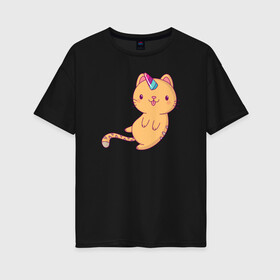 Женская футболка хлопок Oversize с принтом Котик - Единорожик , 100% хлопок | свободный крой, круглый ворот, спущенный рукав, длина до линии бедер
 | cat | happy | unicorn | единорог | единорожка | киса | кот | котенок | котэ | котя | кошак | кошка | милый | рыжий | хороший