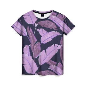 Женская футболка 3D с принтом Tropical leaves 4 purple , 100% полиэфир ( синтетическое хлопкоподобное полотно) | прямой крой, круглый вырез горловины, длина до линии бедер | leaves | palms. тропические | tropical | листья | пальмы