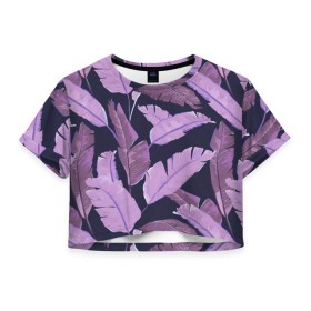 Женская футболка Crop-top 3D с принтом Tropical leaves 4 purple , 100% полиэстер | круглая горловина, длина футболки до линии талии, рукава с отворотами | leaves | palms. тропические | tropical | листья | пальмы