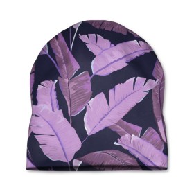 Шапка 3D с принтом Tropical leaves 4 purple , 100% полиэстер | универсальный размер, печать по всей поверхности изделия | leaves | palms. тропические | tropical | листья | пальмы