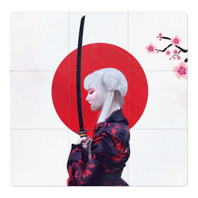 Магнитный плакат 3Х3 с принтом Самурай , Полимерный материал с магнитным слоем | 9 деталей размером 9*9 см | Тематика изображения на принте: воин | рисунок | сакура | самурай. девушка