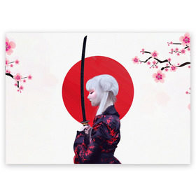 Поздравительная открытка с принтом Самурай , 100% бумага | плотность бумаги 280 г/м2, матовая, на обратной стороне линовка и место для марки
 | Тематика изображения на принте: воин | рисунок | сакура | самурай. девушка