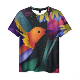 Мужская футболка 3D с принтом Колибри , 100% полиэфир | прямой крой, круглый вырез горловины, длина до линии бедер | абстракция | колибри | цветы. краски