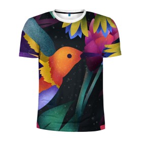 Мужская футболка 3D спортивная с принтом Колибри , 100% полиэстер с улучшенными характеристиками | приталенный силуэт, круглая горловина, широкие плечи, сужается к линии бедра | абстракция | колибри | цветы. краски