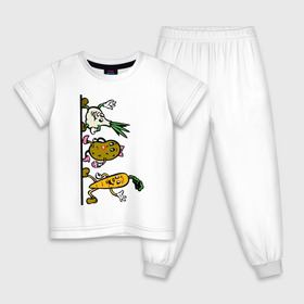 Детская пижама хлопок с принтом овощи , 100% хлопок |  брюки и футболка прямого кроя, без карманов, на брюках мягкая резинка на поясе и по низу штанин
 | Тематика изображения на принте: еда | картошка | корнеплоды | морковь | мультфильм | овощи | прикольные картинки | чеснок