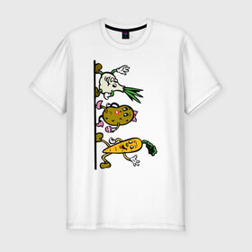Мужская футболка хлопок Slim с принтом овощи , 92% хлопок, 8% лайкра | приталенный силуэт, круглый вырез ворота, длина до линии бедра, короткий рукав | еда | картошка | корнеплоды | морковь | мультфильм | овощи | прикольные картинки | чеснок