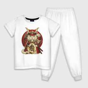 Детская пижама хлопок с принтом Кот Самурай , 100% хлопок |  брюки и футболка прямого кроя, без карманов, на брюках мягкая резинка на поясе и по низу штанин
 | cat | japan | ronin | samurai | воин | кот | котик | котэ | няшка | ронин | рыцарь | самурай | шлем | япония