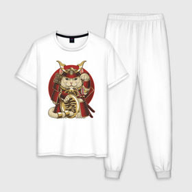 Мужская пижама хлопок с принтом Кот Самурай , 100% хлопок | брюки и футболка прямого кроя, без карманов, на брюках мягкая резинка на поясе и по низу штанин
 | cat | japan | ronin | samurai | воин | кот | котик | котэ | няшка | ронин | рыцарь | самурай | шлем | япония