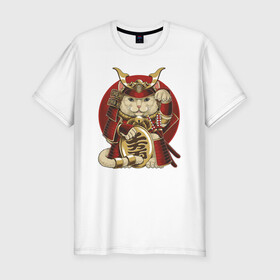 Мужская футболка хлопок Slim с принтом Кот Самурай , 92% хлопок, 8% лайкра | приталенный силуэт, круглый вырез ворота, длина до линии бедра, короткий рукав | cat | japan | ronin | samurai | воин | кот | котик | котэ | няшка | ронин | рыцарь | самурай | шлем | япония