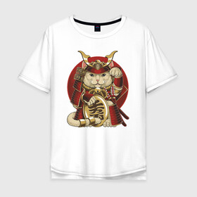 Мужская футболка хлопок Oversize с принтом Кот Самурай , 100% хлопок | свободный крой, круглый ворот, “спинка” длиннее передней части | cat | japan | ronin | samurai | воин | кот | котик | котэ | няшка | ронин | рыцарь | самурай | шлем | япония