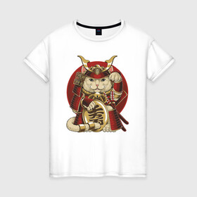 Женская футболка хлопок с принтом Кот Самурай , 100% хлопок | прямой крой, круглый вырез горловины, длина до линии бедер, слегка спущенное плечо | cat | japan | ronin | samurai | воин | кот | котик | котэ | няшка | ронин | рыцарь | самурай | шлем | япония