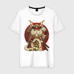 Мужская футболка хлопок с принтом Кот Самурай , 100% хлопок | прямой крой, круглый вырез горловины, длина до линии бедер, слегка спущенное плечо. | cat | japan | ronin | samurai | воин | кот | котик | котэ | няшка | ронин | рыцарь | самурай | шлем | япония
