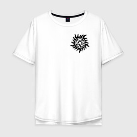 Мужская футболка хлопок Oversize с принтом Supernatural Pentagram , 100% хлопок | свободный крой, круглый ворот, “спинка” длиннее передней части | Тематика изображения на принте: supernatural | vdzabma | сверхъестественное