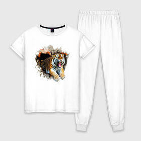 Женская пижама хлопок с принтом Тигр , 100% хлопок | брюки и футболка прямого кроя, без карманов, на брюках мягкая резинка на поясе и по низу штанин | animal | tiger | арт | животное | полосатый | рисунок | тигр | хищная кошка | хищник