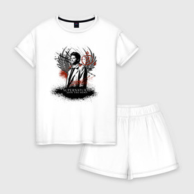 Женская пижама с шортиками хлопок с принтом Castiel , 100% хлопок | футболка прямого кроя, шорты свободные с широкой мягкой резинкой | castiel | supernatural | vdzabma | кастиэль | сверхъестественное