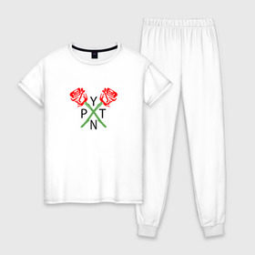 Женская пижама хлопок с принтом PAYTON MOORMEIER (НА СПИНЕ) , 100% хлопок | брюки и футболка прямого кроя, без карманов, на брюках мягкая резинка на поясе и по низу штанин | Тематика изображения на принте: flower | payton moormeier | roses | tiktok | блогер | пейтон | пейтон моормиер | розы | тикток | тиктокер | цветы | ютубер