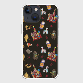 Чехол для iPhone 13 mini с принтом Москва символика ,  |  | doodling | pattern | textures | tiles | балалайка | дудлинг | коллаж | кремль | матрешка | медведь | москва | паттерны | россия | тайлы | текстуры | фон