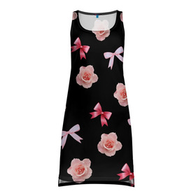 Платье-майка 3D с принтом Бантики и розочки , 100% полиэстер | полуприлегающий силуэт, широкие бретели, круглый вырез горловины, удлиненный подол сзади. | doodling | textures | tiles | атлас | бант | дудлинг | лента | роза | розовый | тайлы | текстуры | фон | цветок